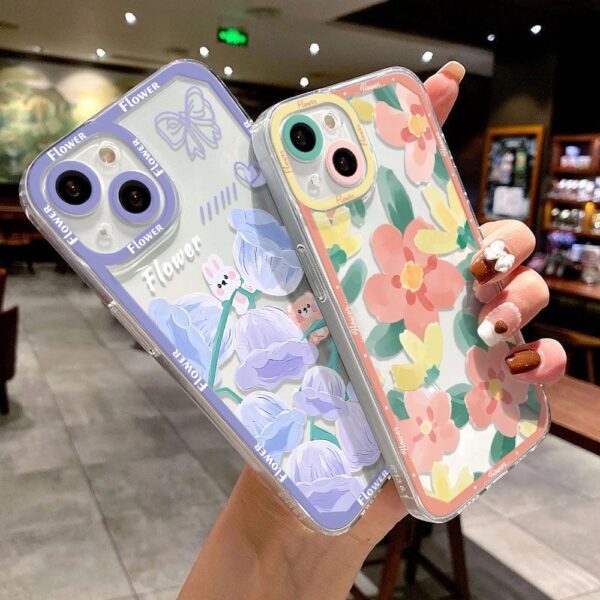 เคส iPhone แบบป้องกันกล้องสำหรับ for iPhone 13 เพนท์ลายดอกไม้ 2 ชิ้น
